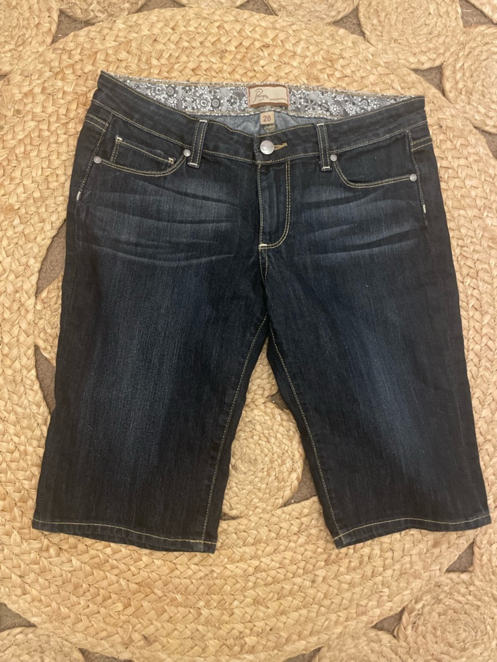 Paige Jean Dark Blue Cropped Denim Bermuda Shorts